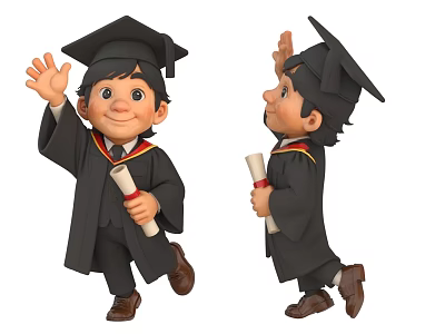 Male Graduate in Graduation Gown and Mortarboard Waving With Diploma Scroll 3d model