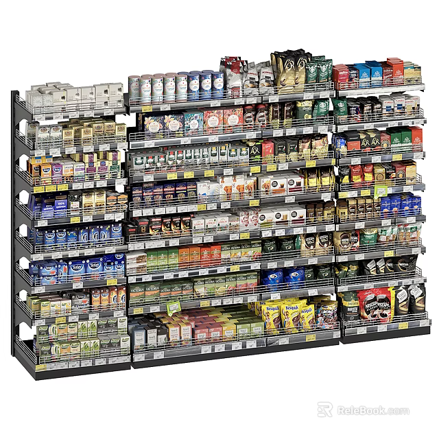 Retail Display Shelves With Multi Tiered Racks Stocked Various Assorted Products 3d model 