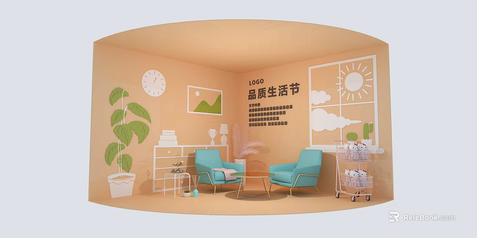 Quality Life Festival Interior Setup With Light Blue Chairs Plants Clock Bookshelf And Trolley 3d model 