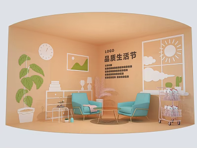 Quality Life Festival Interior Setup With Light Blue Chairs Plants Clock Bookshelf And Trolley 3d model