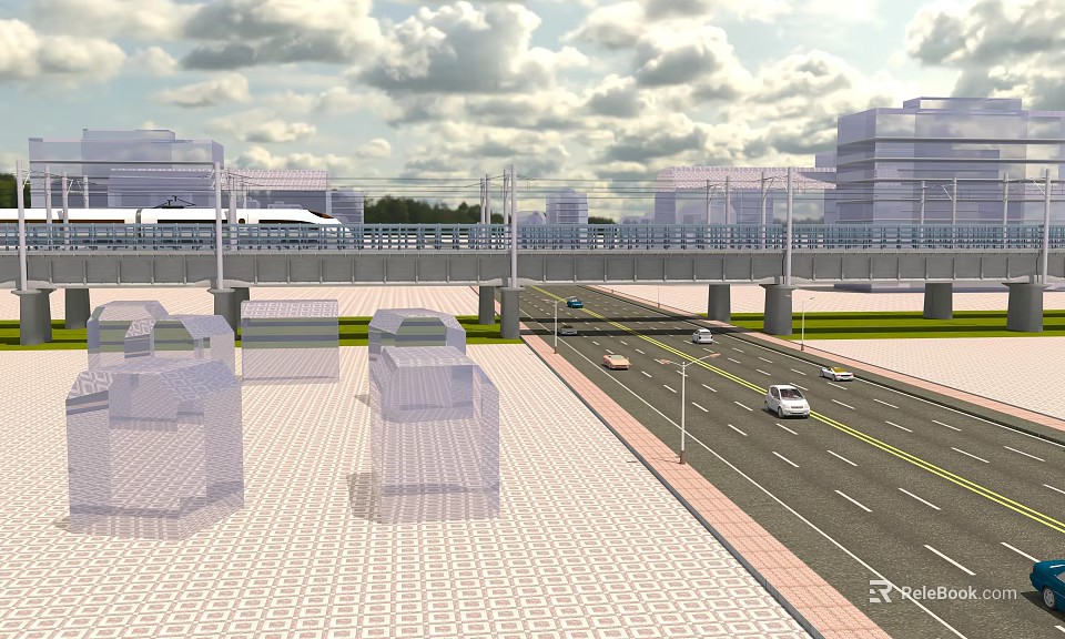 Modern Urban Road Infrastructure With Multi lane Highway Pedestrian Overpass Street Lights Sidewalks And Vehicles 3d model 