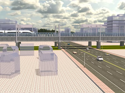 Modern Urban Road Infrastructure With Multi lane Highway Pedestrian Overpass Street Lights Sidewalks And Vehicles 3d model
