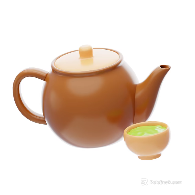 Brown Teapot With Lid And Small Cup Filled With Green Tea For Serving 3d model