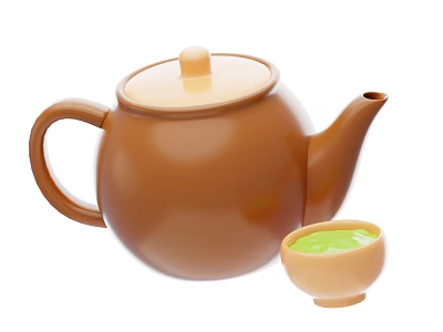 Brown Teapot With Lid And Small Cup Filled With Green Tea For Serving 3d model
