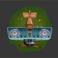 Cartoon Biplane With Blue Wings Wooden Propeller On Green Grass With Small Flowers
