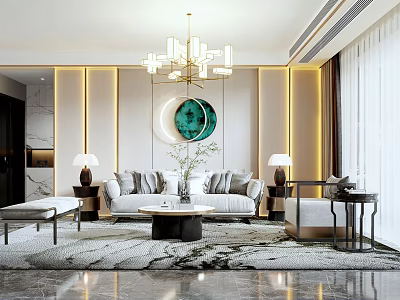 Modern Living Room Interior Design With Gray Sofa Coffee Table Chandelier And Circular Decorative Art 3d model