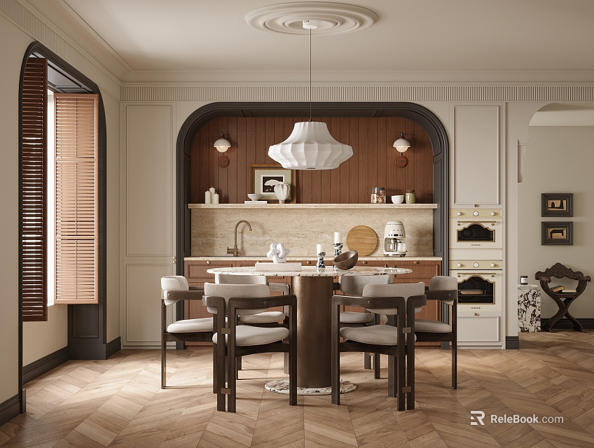 Elegant Restaurant Interior With Round Dining Table Wooden Wall And Hanging Pendant Light 3d model 