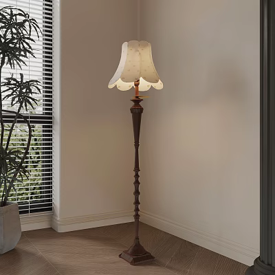 Vintage Floor Lamp With White Lampshade By Window And Green Plant 3d model