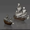 Two Classic Sailing Ships With White Sails And Dark Hulls On Calm Water Surface