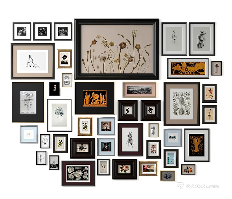 Diverse Framed Wall Art Collection Featuring Chinese Characters And Flower Patterns 3d model 