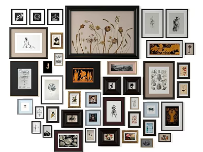 Diverse Framed Wall Art Collection Featuring Chinese Characters And Flower Patterns 3d model