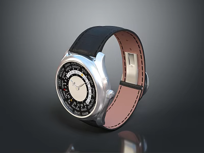 Elegant Black Leather Strap Watch With Silver Case Round Dial And Light Brown Inner Lining 3d model