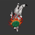 White Mythical Fox With Red Accents Carrying Green Circular Object And Flame Patterns