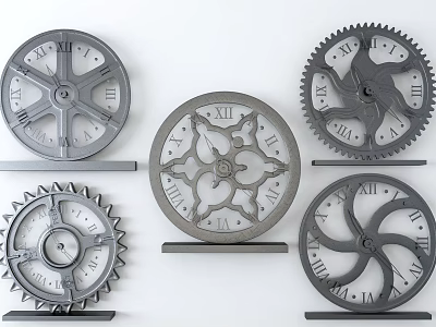 Decorative Vintage Clock Faces With Intricate Gear Designs Roman Numerals On Metallic Stands 3d model