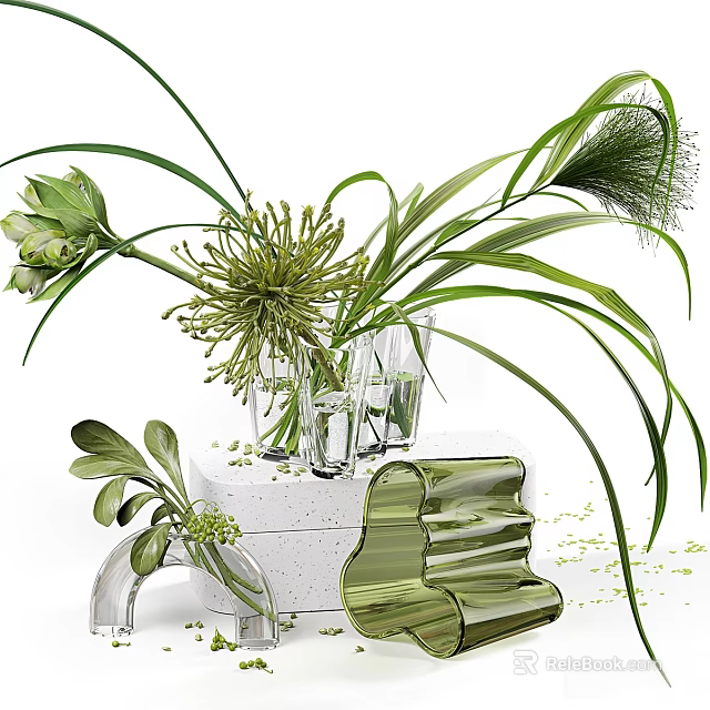 Fresh Green Flower Arrangement In Glass Vases With White Pedestal And Long Leaves 3d model 