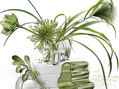 Fresh Green Flower Arrangement In Glass Vases With White Pedestal And Long Leaves 3d model