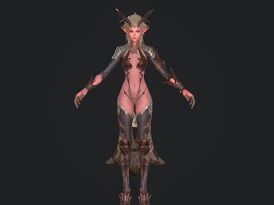 Fantasy Elf Like Game Movie Character With Antlers Pink Skin Pointed Ears And Decorative Armor 3d model