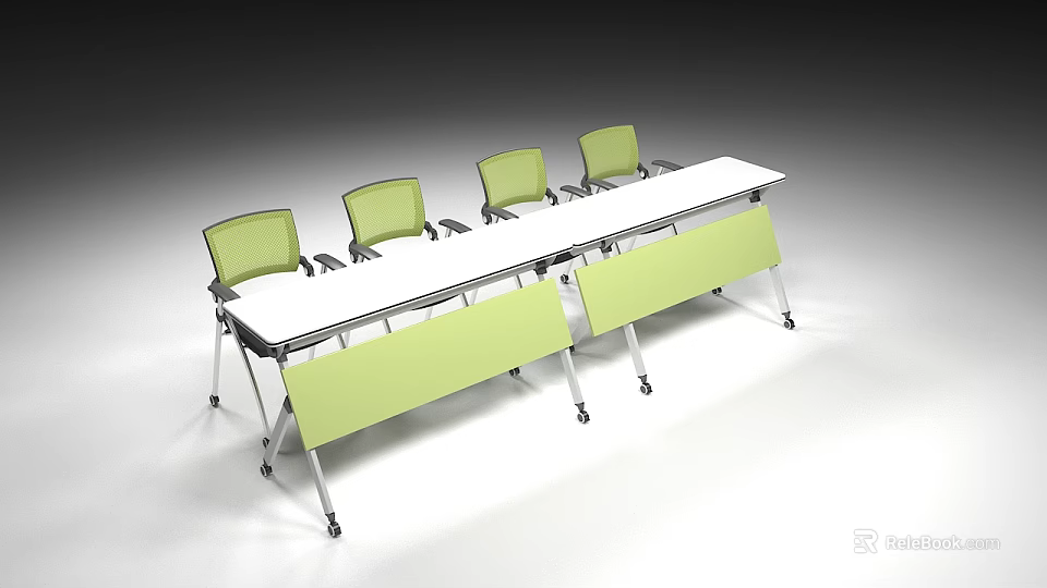 White Conference Table with Four Light Green Chairs Foldable Design for Office Modern Style 3d model 