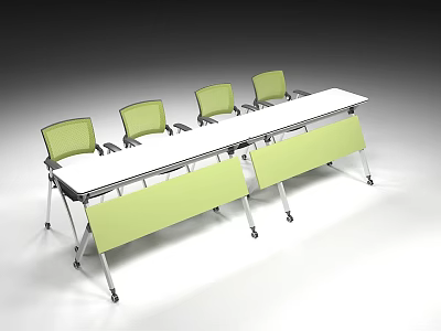 White Conference Table with Four Light Green Chairs Foldable Design for Office Modern Style 3d model