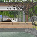 Modern Garden Landscape with Pond Rocks Green Plants Pavilion and Pergola near Building