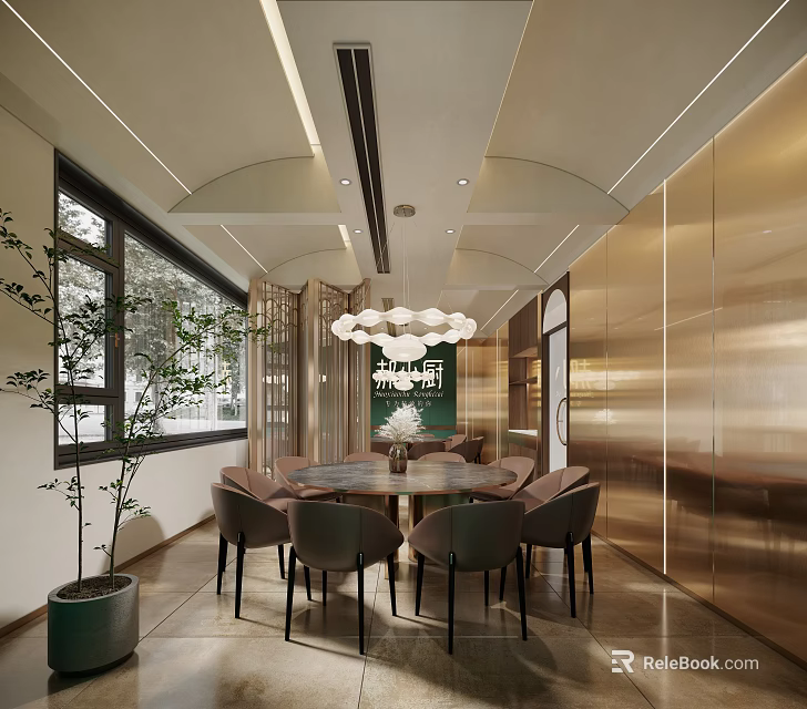 Modern Luxury Private Dining Room With Round Table And Greenery 3d model