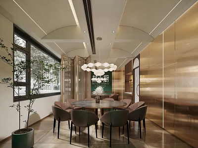 Modern Luxury Private Dining Room With Round Table And Greenery 3d model