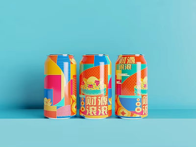 Three Colorful Canned Drinks with Vibrant Geometric Patterns on Blue Background 3d model