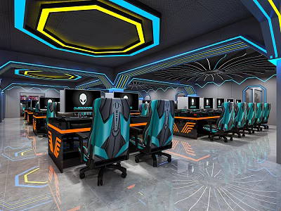 Modern Cyber Cafe Interior With Stylish Lighting Comfortable Gaming Chairs And High Performance Computers 3d model