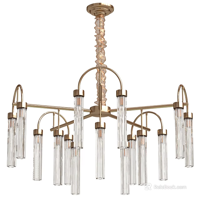 Modern Brass Chandelier With Curved Arms And Clear Glass Tubes Design 3d model 