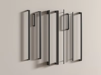 Long Black Handles in Various Styles Mounted on Light Colored Wall Surface 3d model