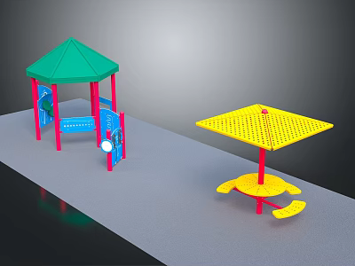 Colorful Playground Equipment With Green Roof Blue Red Pillars And Yellow Rotating Seats 3d model