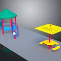 Colorful Playground Equipment With Green Roof Blue Red Pillars And Yellow Rotating Seats