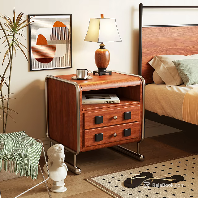 Wooden Bedside Table Featuring Two Drawers Metal Frame Table Lamp And Mug 3d model 