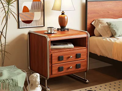 Wooden Bedside Table Featuring Two Drawers Metal Frame Table Lamp And Mug 3d model