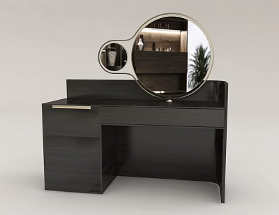 Modern Dark Wood Dressing Table With Round Mirror And Metal Frame 3d model