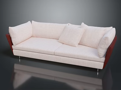 Modern Beige Fabric Two-Seater Sofa With Wooden Armrests Metal Legs And Accent Pillows 3d model