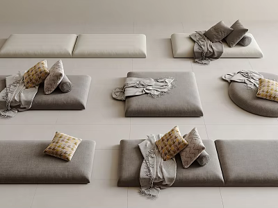 Modern Floor Cushions in Different Shapes Gray Beige with Patterned Pillows and Blankets 3d model