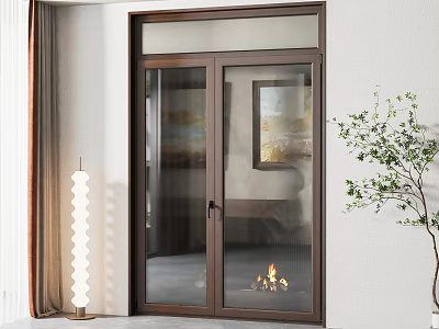 Modern Brown Framed Glass Door Interior With Floor Lamp Green Plant Fireplace And Decorative Painting 3d model