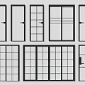 Various Sliding Doors Featuring Black Frame And Diverse Glass Grid Patterns 3d model