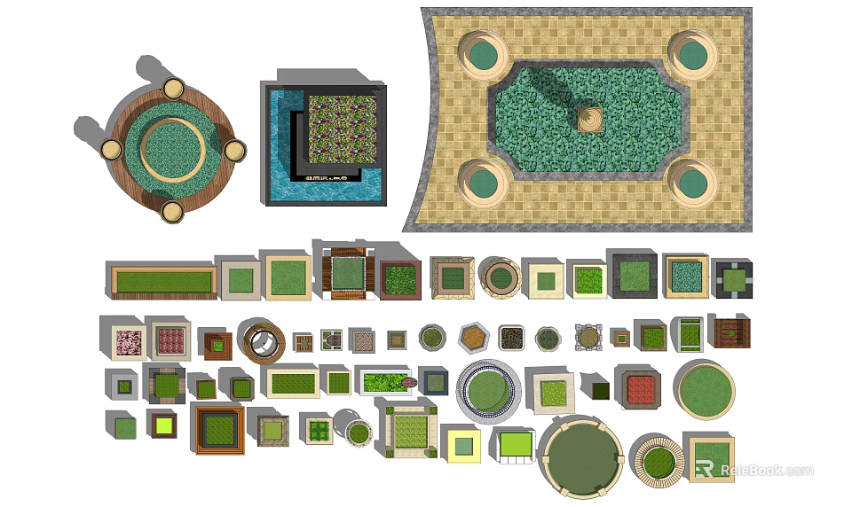 Diverse Tree Pit Designs Featuring Various Shapes Decorative Paving And Greenery 3d model