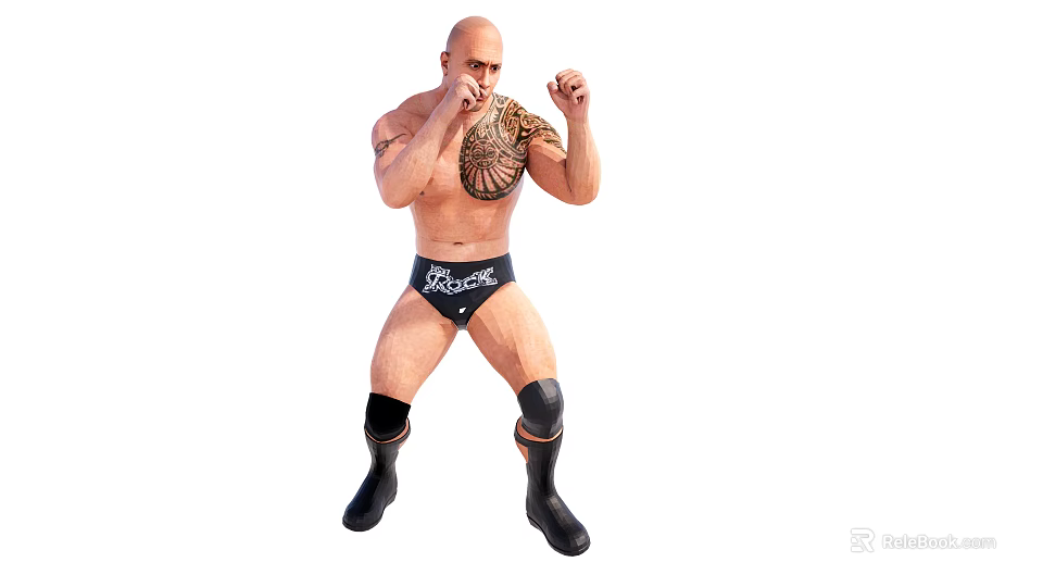 Shirtless Man With Chest Tattoo Black Wrestling Shorts White Text Knee Pads Boots Fighting Stance 3d model 