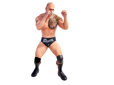 Shirtless Man With Chest Tattoo Black Wrestling Shorts White Text Knee Pads Boots Fighting Stance 3d model