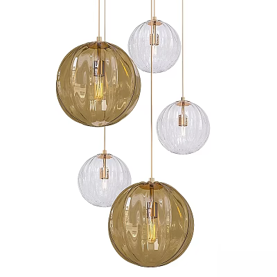 Modern Multi Globe Chandelier With Amber And Clear Glass Hanging Shades And Metallic Accents 3d model