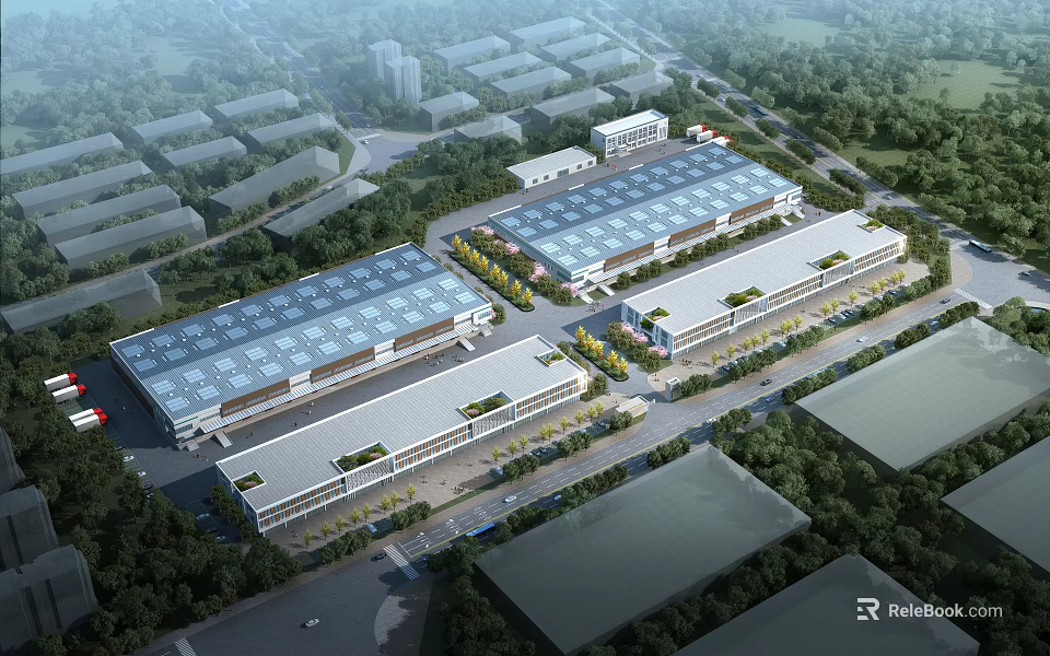 Modern Industrial Factory Aerial View Layout With Multiple Buildings And Green Surroundings 3d model 