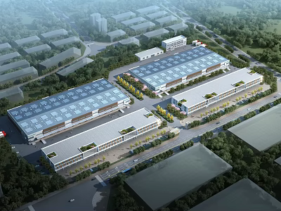 Modern Industrial Factory Aerial View Layout With Multiple Buildings And Green Surroundings 3d model