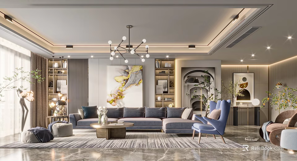 Stylish Modern Living Room Interior With Gray Sofa Chandelier Decorative Painting And Blue Armchair 3d model 