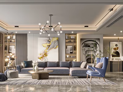 Stylish Modern Living Room Interior With Gray Sofa Chandelier Decorative Painting And Blue Armchair 3d model