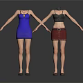 Women's Fashion Clothing Set Including Blue Dress Black Top Brown Studded Skirt And Black Shoes