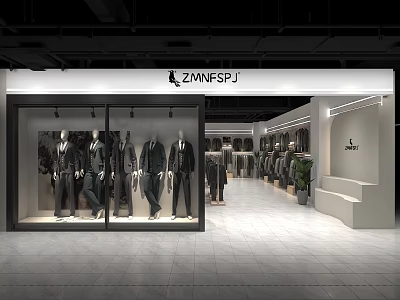 Clothing Store Display Shelves With Mannequins And Neatly Arranged Suits In Interior 3d model