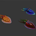 Three Vibrant Colorful Squids With Iridescent Patterns On Dark Background